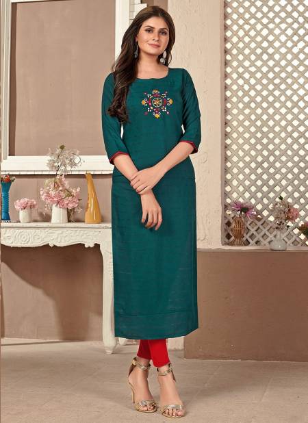 Teal Colour Latest Fancy Ethnic Wear Viscose Embroidery Work Kurti Collection Kalindi1058